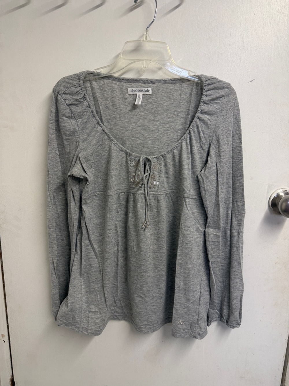Aeropostale Heather Gray Scoopneck Long-Sleeve Tie Top